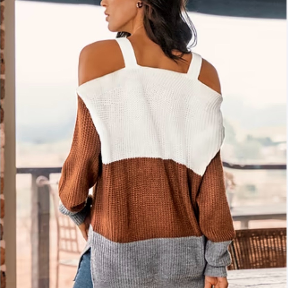 Cupshe Colorblock Off-Shoulder Sweater Medium NWT | Chevron Knit Pullover - Picture 2 of 2